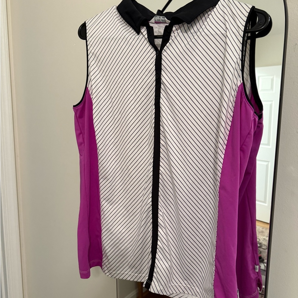 Lady Hagen White and Black Striped Sleeveless Golf Tank with Magenta Sides